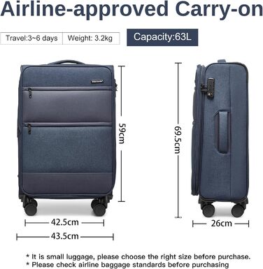 Середній м'який валізний чемодан British Traveller 24'' на 4 колесах, тканинний, з TSA-замком, синій, легкий дорожній тролей для ручної поклажі