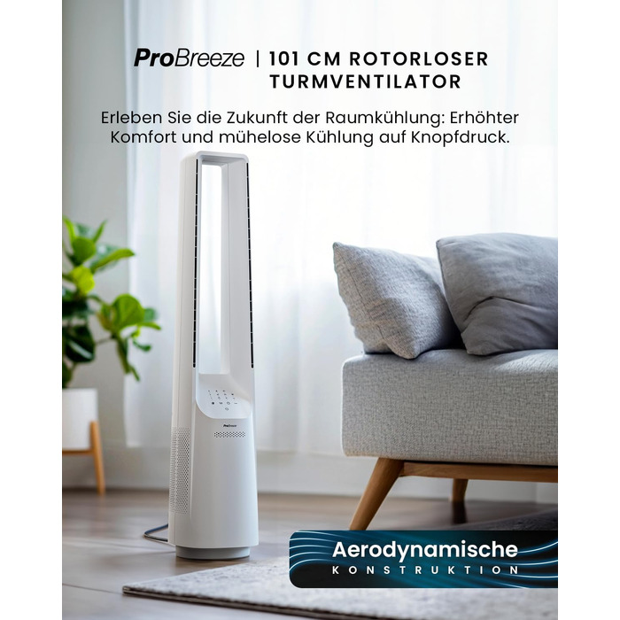 Вентилятор без лопатей Pro Breeze 101 см з пультом, LED дисплеєм, 6 швидкостями, 5 режимами, автоколиванням 60° та таймером 7 годин - білий