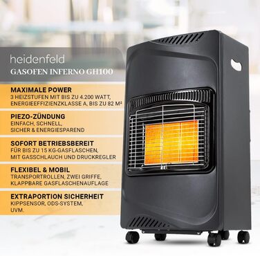 Газовий обігрівач Heidenfeld Inferno GH100, 4200 Вт, для приміщень, для балонів до 15 кг, чорний (Газовий балон не входить у комплект)