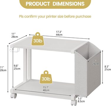 Підставка для принтера VEDECASA на 2 яруси з дерев'яним столом та органайзером, мобільний стіл-візок на колесах для дому та офісу, білий
