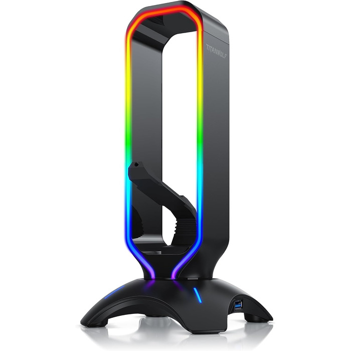 Підставка для ігрових навушників Titanwolf з LED підсвіткою, USB-хабом 2x USB 3.2 Gen1, мишебанджі, 6 RGB кольорів, зміна підсвітки