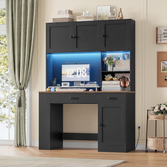 Письмовий стіл FirFurd 180x120x50 см з шухлядами, полицею для книг, LED-підсвіткою та розетками - дерев'яний комп'ютерний стіл для офісу, кабінету, дитячої кімнати (Чорний)