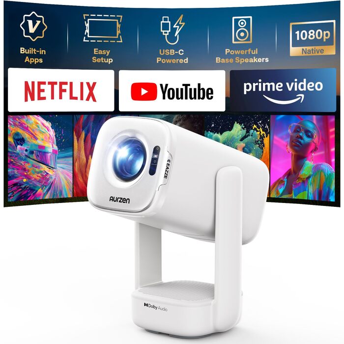 Проектор Aurzen D1 Air Smart: 1080P, 4K, HDR10, Dolby Audio, Netflix, USB-C, Автофокус, Компактний