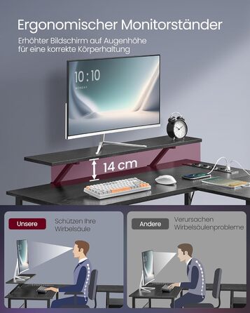Комп'ютерний стіл VASAGLE L-подібний з розетками, LED-підсвічуванням та USB-портами, 150 x 120 x 76 см, чорний, LWD095B01