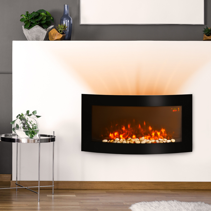 Електрокамін HOMCOM з підігрівом, настінний камін з LED-ефектом полум'я, 7 кольорів полум'я, 1000/2000 Вт, електричний камін з таймером, регульований термостат, декоративний камін з пультом дистанційного керування, чорний, 89,2 см