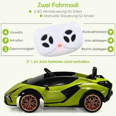 Дитячий електромобіль Lamborghini 12V з пультом, MP3, LED-фарами, зелений, для дітей 3-8 років