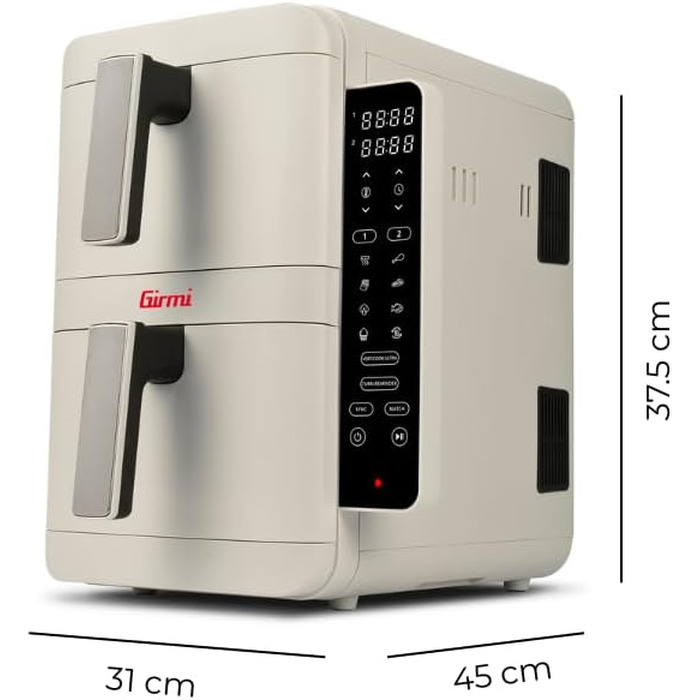 Аерофритюрниця Girmi FG41 Ecofrit Dual 2400 Вт з антипригарним покриттям, 9 програмами та цифровим дисплеєм, біла