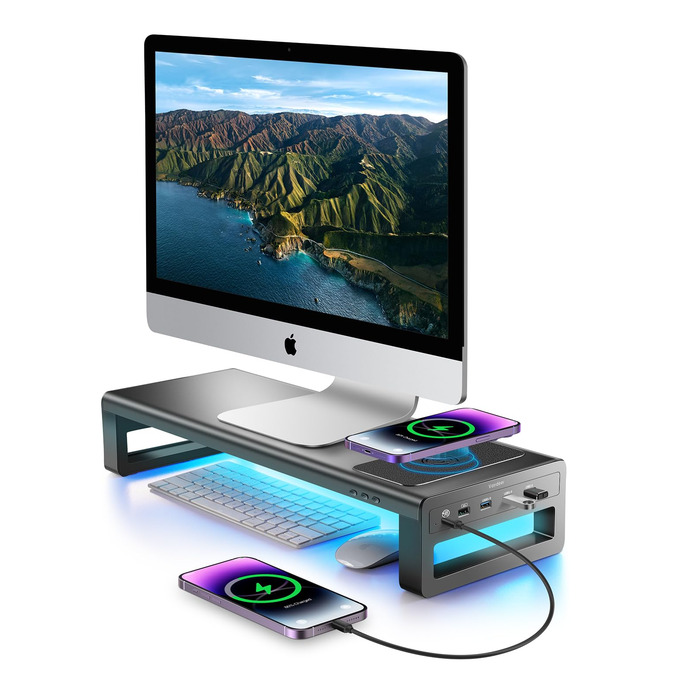 Підставка для монітора VAYDEER USB 3.0 з бездротовою зарядкою та передачею даних, металевий тримач для ноутбуків та комп'ютерів до 32 дюймів, чорний, L