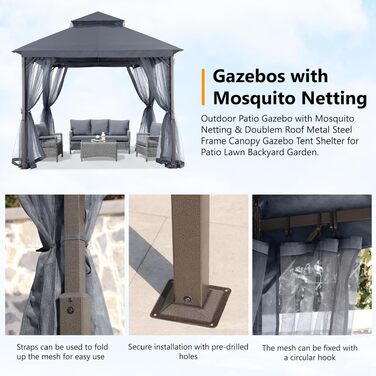 Павільйон садовий ABCCANOPY 2.5x2.5м водонепроникний, з сіткою, зимостійкий, сірий - для вечірок та захисту від сонця та дощу