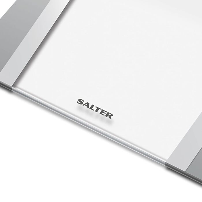 Електронна вага Salter 9127 SVSV3R для аналізу складу тіла, скляна, з атлетичним режимом, вимірює ІМТ, вагу, жир, м'язову та кісткову масу, 10 профілів, до 180 кг, батарейки у комплекті, срібляста