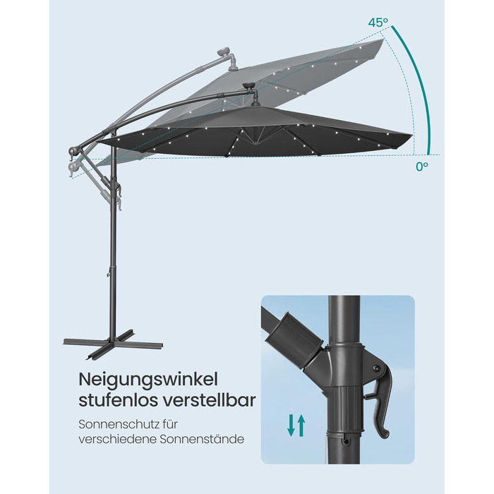 Парасолька SONGMICS з LED-сонячним підсвічуванням, 300 см, 32 LED, з підставкою, сонцезахист UPF 50+, для балкона, тераси, саду, сіра