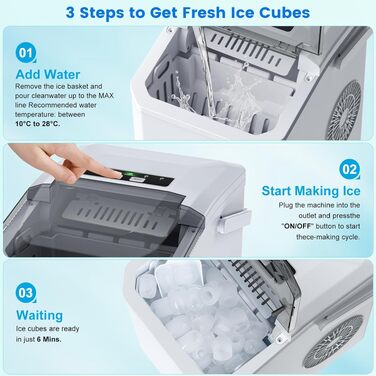Льодогенератор Ice Cube Maker 12 кг/24 год, білий - швидке виробництво льоду (6-8 хв), 2 розміри кубиків льоду, самоочищення для дому, офісу, бару