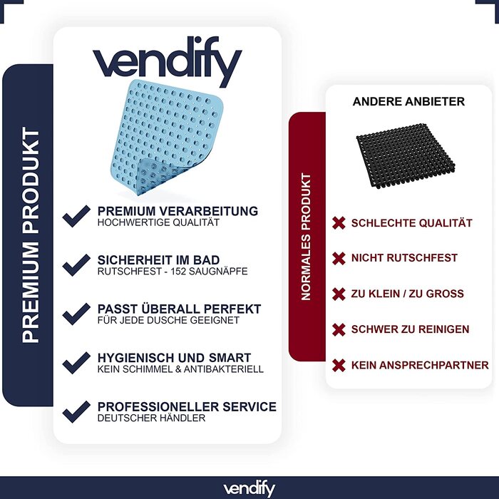 Vendify Преміум килимок для душу 53x53 см, протиковзкий, квадратний, для душової кабіни та ванни, BPA Free, з 152 присосками, стійкий до цвілі, машинне прання, прозорий синій