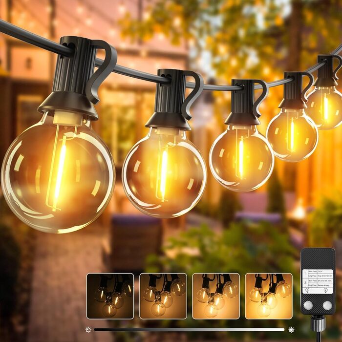 LED гірлянда для декорування саду та тераси, 15 метрів, тепле світло, G40, з таймером та димером, вологостійка
