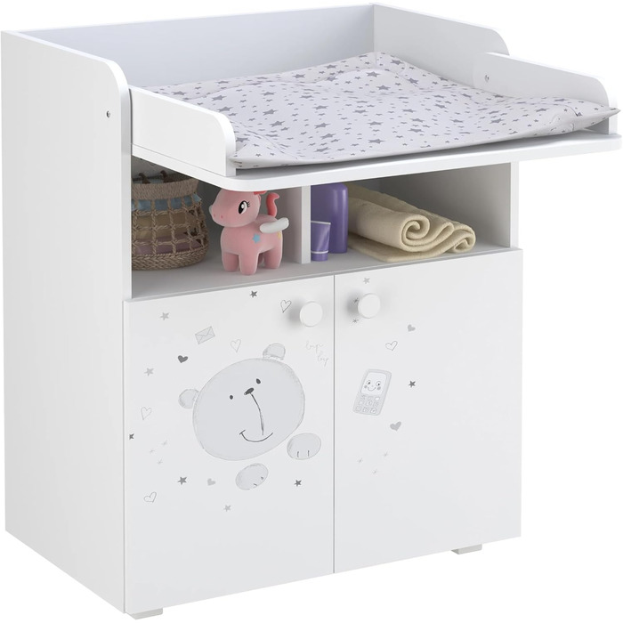 Комод для дитячої кімнати Shefa Wickelkommode 700 Teddy, білий - сучасний комод для немовлят, 47 x 70 x 86 см, білий, ведмедик