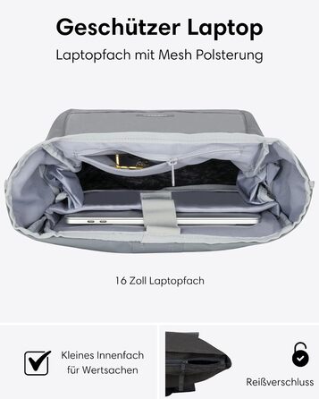 LARKSON рюкзак для жінок і чоловіків No 4 Large, ролтоп 21 л, відділення для 16'' ноутбука, універсальний для навчання, роботи, велосипеда, великий туристичний рюкзак з кріпленням на валізу, чорний-сірий