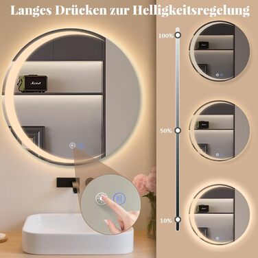 Круглий LED-дзеркало для ванної кімнати Mursche з підсвічуванням, 60 см, IP44, сенсорне регулювання, протизапотівальне покриття, 70x70 см