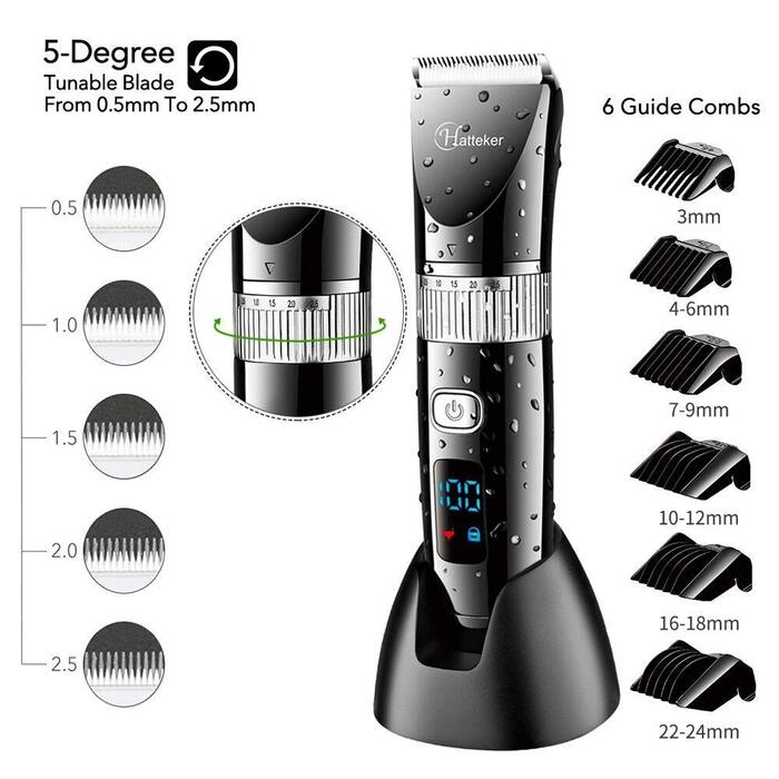 Професійна електрична машинка для стрижки Hatteker з LCD-дисплеєм, бездротова, USB-зарядка, водонепроникна, для бороди та волосся