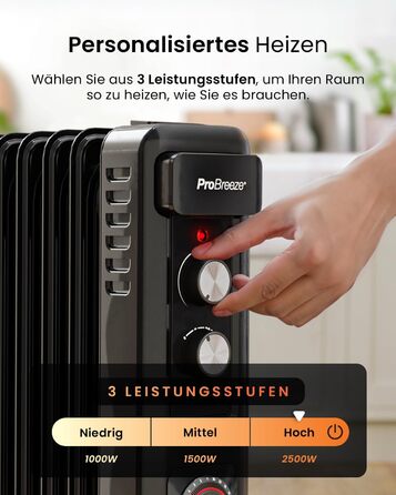Електричний масляний радіатор Pro Breeze 2500W з 11 ребрами, таймер 24 год, 3 режими, термостат, захист від перегріву - чорний