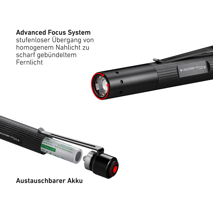 Ліхтарик Ledlenser P2R Core Mini LED, 120 люмен, акумуляторний, фокусування, 3 режими, 65 м, USB-зарядка, кліпса