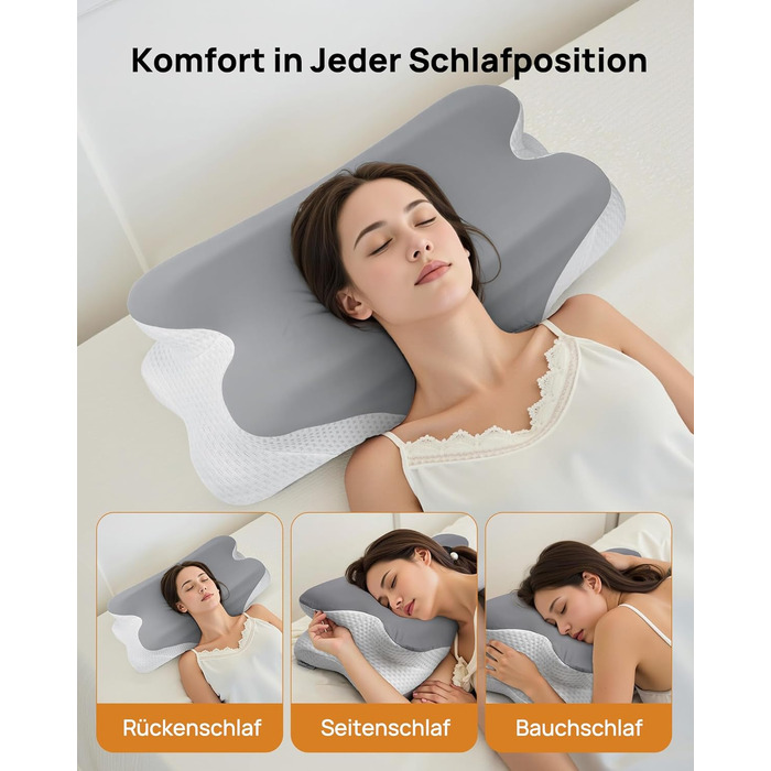 Подушка для шиї Feagar з Memory Foam, ергономічна, 2 висоти (8/12 см), сіра. Підтримка шиї та плечей