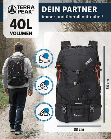 Туристичний рюкзак Terra Peak Flex 40L чорний, з вентиляцією спини, регочохлом і кріпленням для питної системи, 3D Air Mesh, для походів, з поясом, преміум-якість