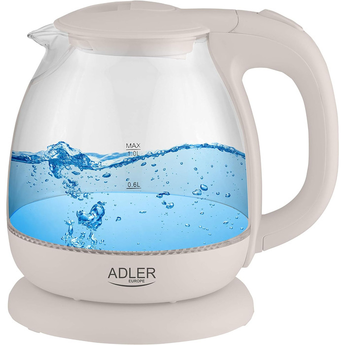 Електричний чайник Adler AD 1238, скляний, 1 л, 1100 Вт, LED-підсвічування, бежевий