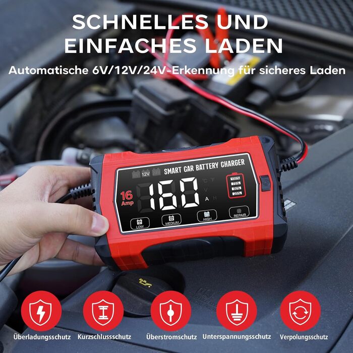Зарядний пристрій для акумулятора 12V/24V Haisito: Швидка зарядка AGM, Gel, MF, EFB, SLA, VRLA (16A)