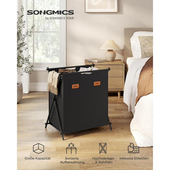 Кошик для білизни SONGMICS 115 л, 2 відділення, складаний, чорний, з етикетками, для ванної, спальні, пральні