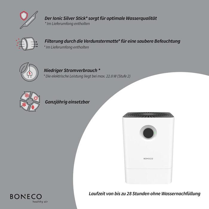 Зволожувач та мийка повітря BONECO W200, 4,5 л, для приміщень до 50 м², дуже тихий (27 дБ), 2 режими, авто-вимкнення, білий