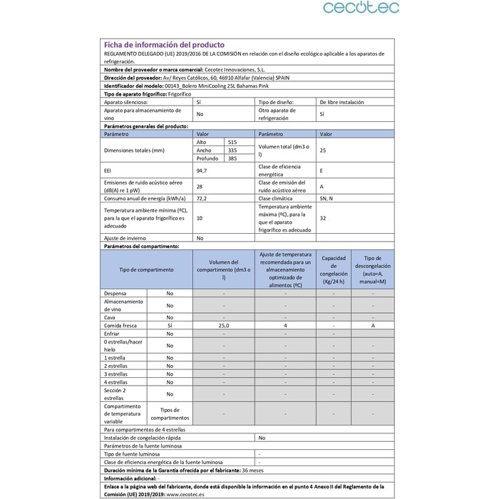 Міні-холодильник Cecotec Bolero MiniColing 25 л, рожевий, 12-220V, для авто та кемпінгу, з регулюванням температури