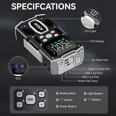 Бустер-стартер ACEZUK 9000A з компресором 160 PSI, пусковий пристрій для автомобіля, SUV та мотоцикла 12V (бензин/дизель), чорний