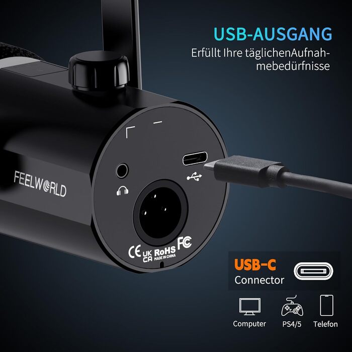 FEELWORLD PM1: Динамічний мікрофон XLR/USB з RGB-підсвіткою для подкастів, YouTube, геймінгу та студії. З навушником, підставкою та кабелем.