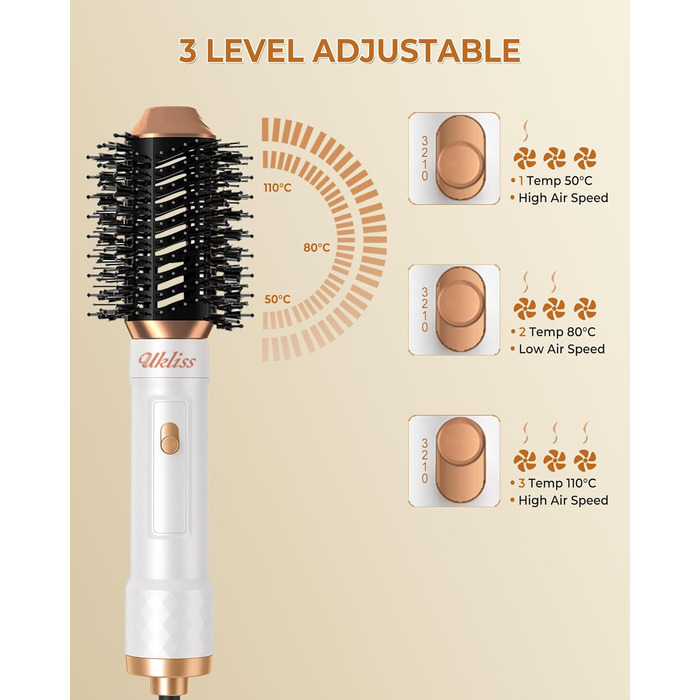 UKLISS 6-в-1 Hairstyler: Фен-щітка для укладки волосся з гарячим повітрям, автоматична, Pro (біло-сірий)