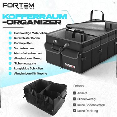 Органайзер у багажник автомобіля FORTEM Extra Extra Large (105L) — складана сумка-контейнер з відділеннями, протиковзаючим дном та ременями фіксації, чорний