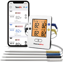 Bluetooth термометр для м'яса ThermoPro з 4 щупами, цифровий термощуп для гриля, коптильні, BBQ, стейків, з радіусом дії до 150 м, сумісний з iOS та Android