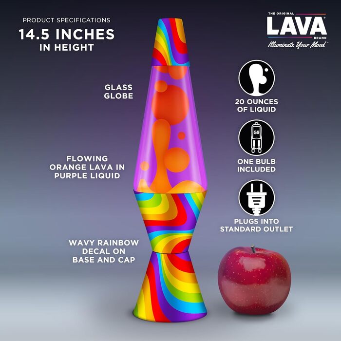 Лавова лампа LAVA Lampe (36.8 см) з ефектом руху кольорів, помаранчева та фіолетова рідина, друкована основа, модель #2090 Rainbow