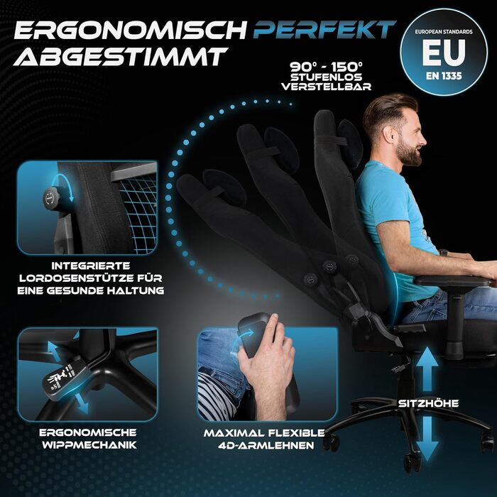 Ігрове крісло Ultimatrix FURY Ergonomic: з підтримкою попереку, 4D-підлокітниками, підніжкою та дихаючою тканиною, витримує до 150 кг, чорне
