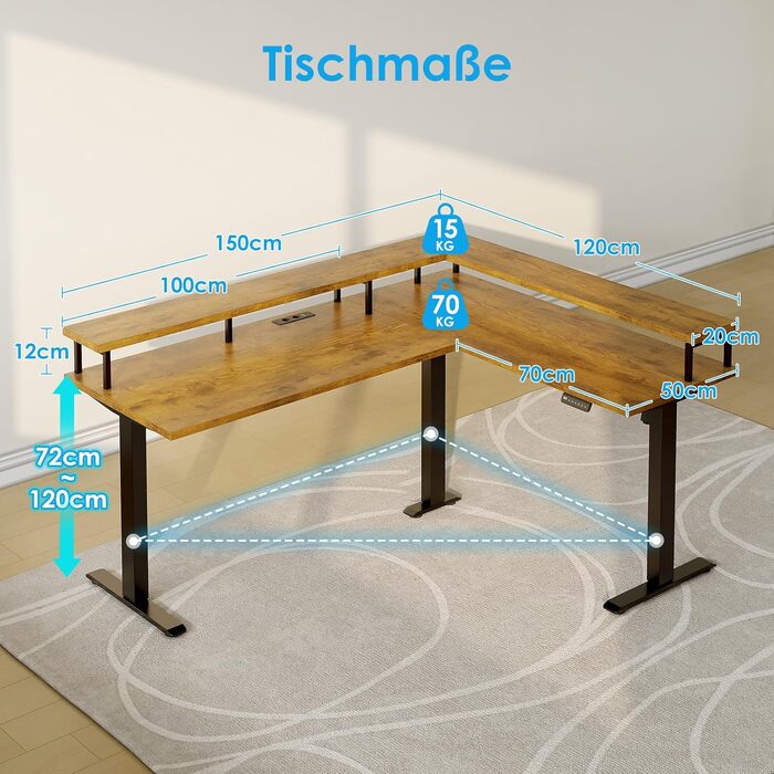 Регульований кутовий стіл OffiGo 150x120 см з розеткою та підставкою під монітор, електричний, коричневий