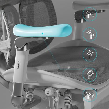 Офісне крісло Diablo Brave V-Kinetic, ергономічне, з підставкою для ніг, 5D підлокітники, сітчастий матеріал, регульована поперекова підтримка, вантажопідйомність до 120 кг, сірий, 126x70x70 см