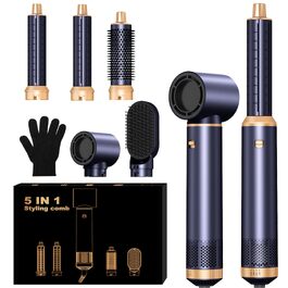 UKLISS 6-в-1 Hairstyler: Фен-щітка для волосся з насадкоми, автоматична плойка, професійний фен для укладання (Золото-блакитний)