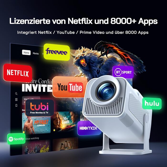 WOLFANG Міні проєктор 4K з Netflix, 26000 люмен, WiFi 6, Smart, 50% Zoom, 180° обертання, сумісний з TV Stick, iOS, Android, PC, PS5, HDMI, AV