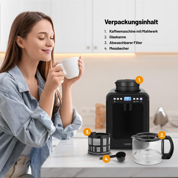Кавоварка Lauben Grind&Drip 600BB з вбудованим млинком, мийним фільтром, авто відключенням, антикрапельною технологією, 4 чашки