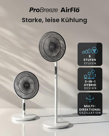 Вентилятор підлоговий Pro Breeze AirFlo Slim: 3 в 1, 70/100/130 см, 9 швидкостей, тихий, з пультом, таймером, для спальні та офісу (білий)