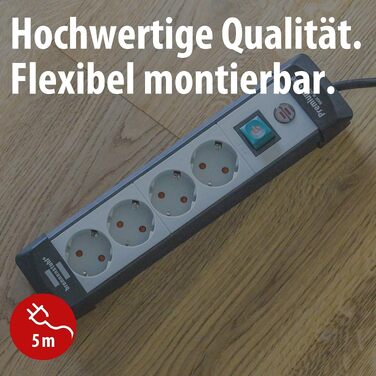 Мережевий фільтр Brennenstuhl Premium-Line на 4 розетки, 5м, з вимикачем, настінний монтаж, Німеччина, чорний/сірий