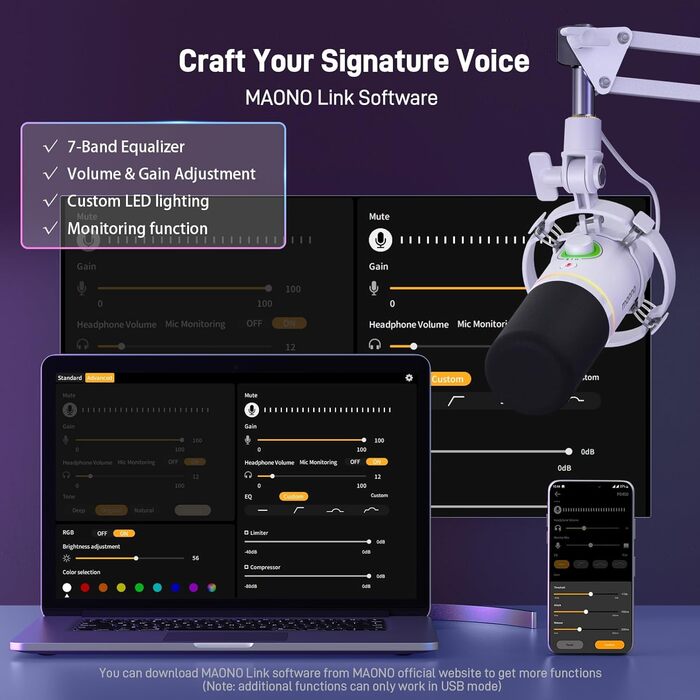 MAONO XLR/USB динамічний мікрофон для подкастів, RGB підсвітка, з програмним забезпеченням, кнопка вимкнення звуку, регулятор гучності, підвіс для стрімінгу, ігор, озвучення, запису, PD200XS, білий