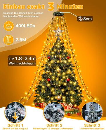 Гірлянда Ollny для ялинки 2.5 м, 300 LED, водонепроникна, теплий білий, для вулиці та приміщення, 12 променів з кільцем, таймер, 8 режимів, для дерев 150-240 см