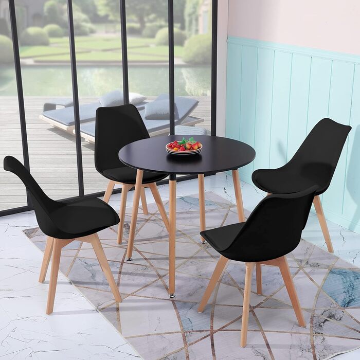 Обідній стіл і 4 стільці DORAFAIR, скандинавський стиль, чорний круглий стіл і стільці