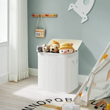 Кошик для білизни SONGMICS 150 л, 3 секції, бамбукова кришка, складний, з ручками, знімний мішок, машинне прання, білий