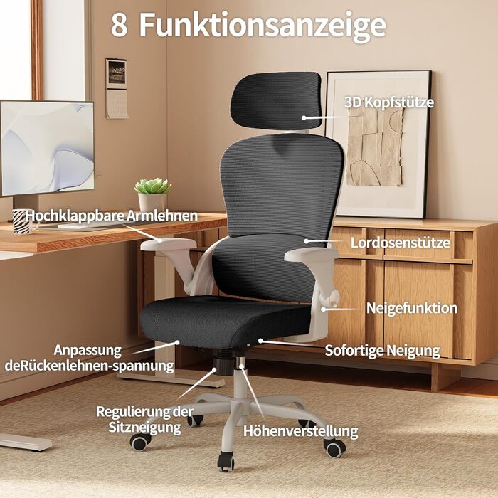 Офісне крісло TRALT Ergonomiczne - ігрове крісло з регульованою підголівником та підтримкою попереку, для дому та офісу, комп'ютерне крісло для великих людей, сітчасте крісло, 150 кг (білий, чорний)